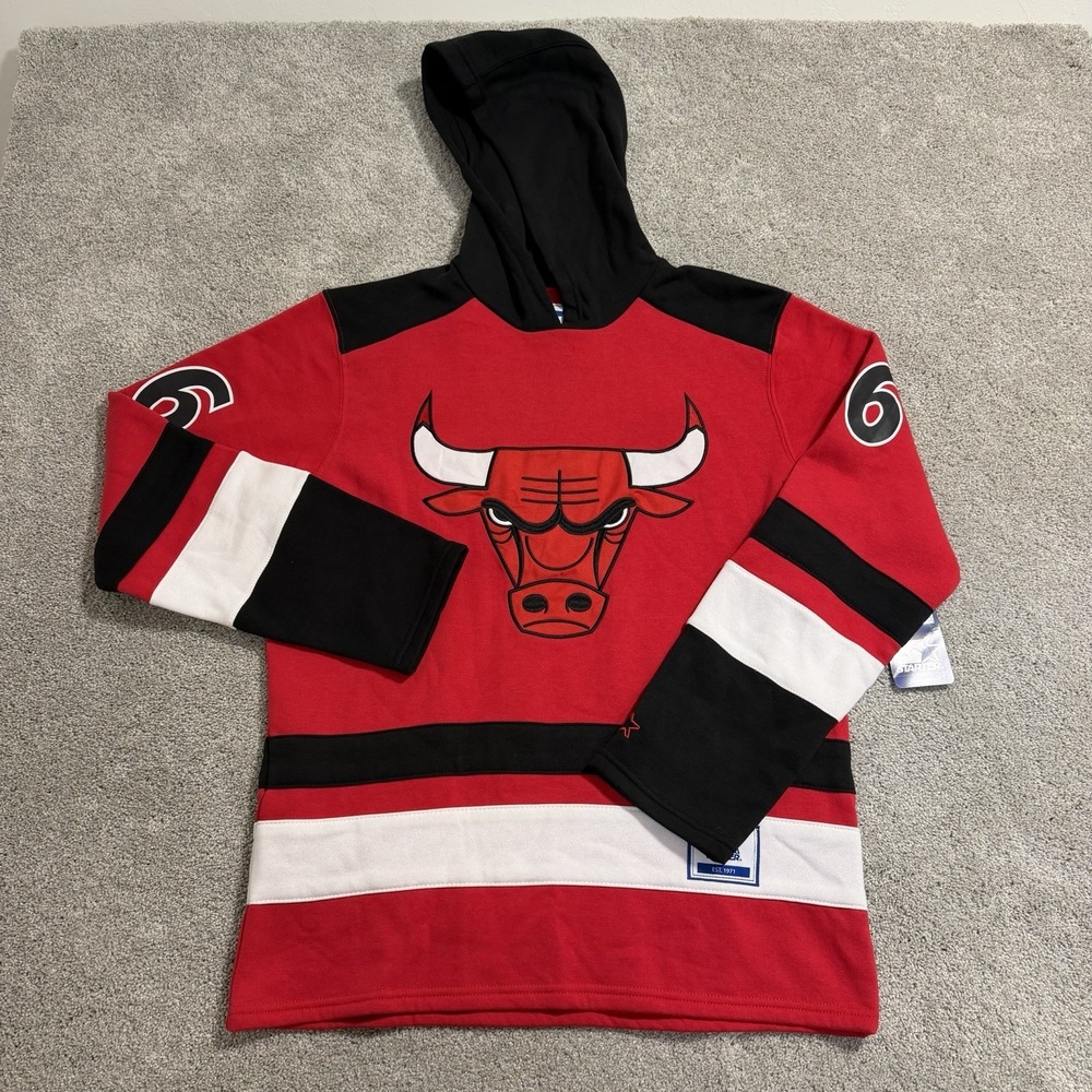 Starter Chicago Bulls Hoodie Mens Sz M Red Hockey Style Pullover‎ Sweatshirt NBA